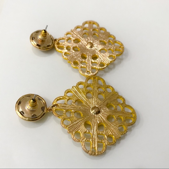 Yellow & Gold Tone Filigree Dangle Earrings - Picture 3 of 3